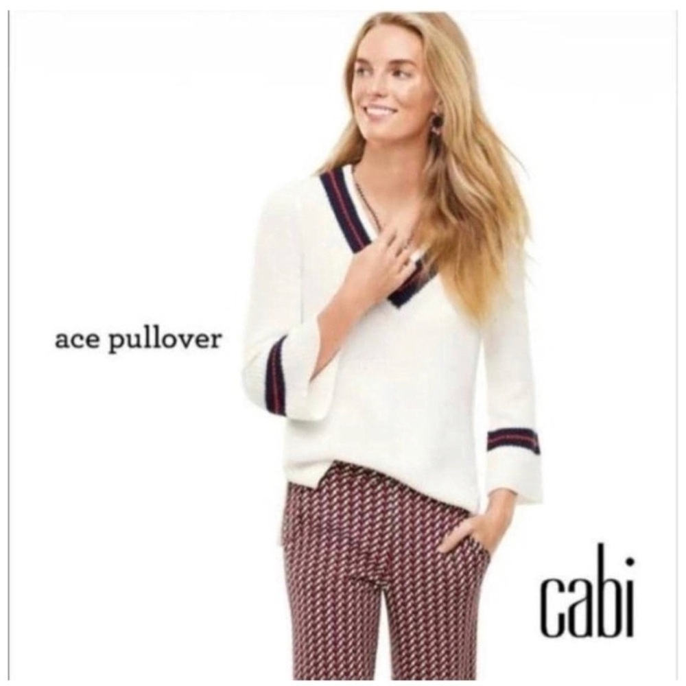 CABI Women's Nautical Coastal Faye Ace Bell Sleeve V-Neck Knitted Sweater Size L